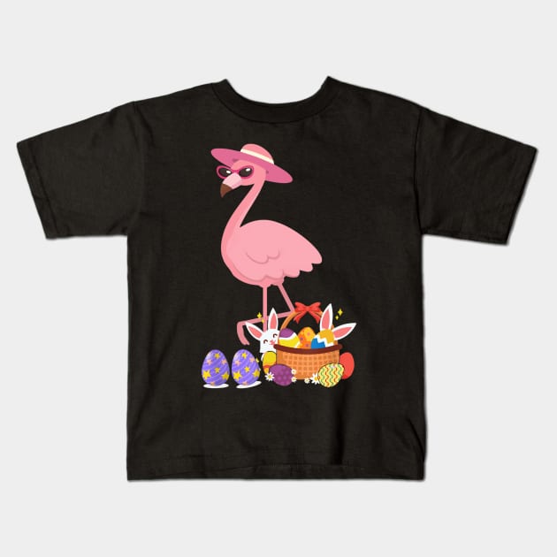 Womens Pretty Easter Flamingo with Easter Basket Funny Gifts Kids T-Shirt by cruztdk5